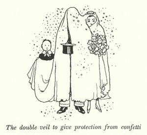 Der doppelte Schleier zum Schutz vor Konfetti (Lithografie) von William Heath Robinson