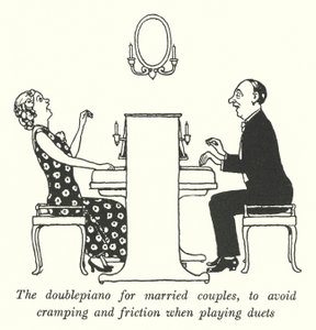 Das Doppelklavier für Ehepaare, um Krämpfe und Reibungen beim Spielen von Duetten zu vermeiden von William Heath Robinson