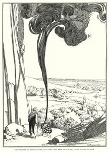 Der Magier setzte sie in Brand, und als sie in Flammen standen, warf er etwas Weihrauch hinein (Stich) von William Heath Robinson