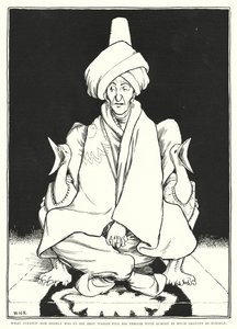 Was ihm sehr gefiel, war zu sehen, wie Abou Hassan seinen Thron fast so ernsthaft wie er selbst füllte (Gravur) von William Heath Robinson