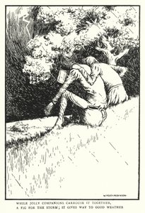 Während fröhliche Gefährten zusammen zechen, ein Feigenblatt für den Sturm, es weicht gutem Wetter von William Heath Robinson