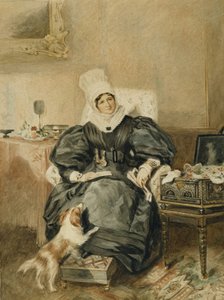 Porträt einer Dame an einem Tisch mit einem Hund von William Henry (after) Hunt