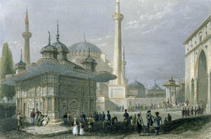 Brunnen und Platz der Hagia Sophia, Istanbul, graviert von T. Higham, ca. 1850