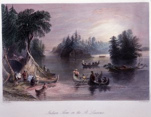 Indianerlager am Ufer des Sankt-Lorenz-Stroms - in „Canadian Scenery Illustrated“ von Bartlett W. H. von William Henry Bartlett