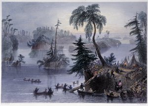 Szene unter den Tausend Inseln: Lager und Boote, Mille Îles - in „Canadian Scenery Illustrated“ von Bartlett W. H. von William Henry Bartlett