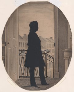Silhouette eines jungen Mannes vor einem offenen Fenster, nach rechts blickend, vor 1860