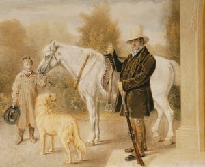 Ein Sportler mit einem Jungen, einem Pony und einem Hund