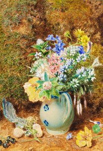 Hellblauer China-Krug mit Heidekraut und kleinen Blumen, ca. 1860