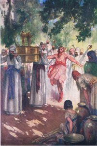 David bringt die Bundeslade nach Jerusalem, aus Das Bibelbilderbuch, veröffentlicht von Thomas Nelson, ca. 1950 von William Henry Margetson