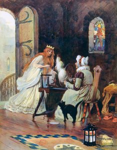 Sie stieg die Treppe hinauf und fand oben ein kleines Zimmer, in dem eine alte Dame saß und spann
