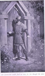 Sir Launcelot konnte keinen Weg hinein finden, denn obwohl die Tür alt und abgenutzt war, hielt sie fest von William Henry Margetson