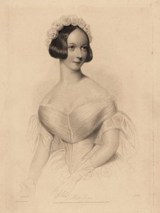 Miss Gore. In schulterfreiem Kleid mit enger Taille, Haare mit einem Rosenkranz geschmückt. Stahlstich von William Henry Mote nach einer Illustration von William Drummond aus Charles Heaths English Pearls, or Portraits for the Boudoir, Tilt a von William Henry Mote