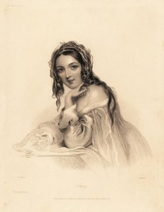 Porträt von Amy. Schönheit mit Schleier über langem Haar, Kleid mit Hermelinbesatz, hält eine Perlenkette. Stahlstich von William Henry Mote nach einer Illustration von John Hayter aus Charles Heaths English Pearls, or Portraits for th von William Henry Mote