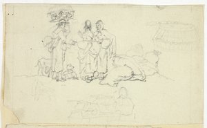 Figuren mit Marktgütern und drei Skizzen von William Henry Pyne