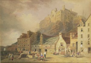 Edinburgh Castle vom Grass Market, zeigt das Little West Port, ca. 1820 von William Henry Stothard