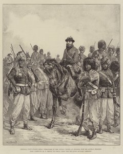 General Ghous-ud-din Khan, Kommandeur der afghanischen Truppen in Penjdeh, mit seinen afghanischen Soldaten von William Heysham Overend