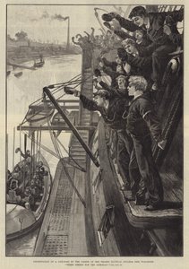Übergabe eines Rettungsbootes durch die Kadetten des Thames Nautical College Ship, Worcester, Drei Hochs auf das Rettungsboot! von William Heysham Overend