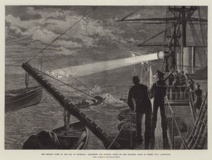 Die britische Flotte im Marmarameer, auf der Suche nach Torpedobooten mit dem elektrischen Licht an Bord der HMS Agincourt von William Heysham Overend