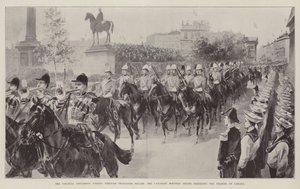 Die Kolonialprozession durchquert den Trafalgar Square, die kanadischen berittenen Truppen vor dem Premierminister von Kanada von William Heysham Overend