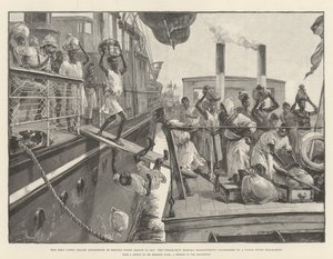 Die Emin-Pascha-Entlastungsexpedition am Banana Point, 18. März 1887, das Dampfschiff Madura überträgt Passagiere auf ein Kongofluss-Dampfschiff von William Heysham Overend