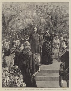 Der königliche Besuch in Leeds, der Prinz und die Prinzessin von Wales erhalten eine Ansprache der Leeds Corporation in der Victoria Hall von William Heysham Overend