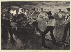 Reichweitenversuch, eine Skizze an Bord eines Kriegsschiffs von William Heysham Overend