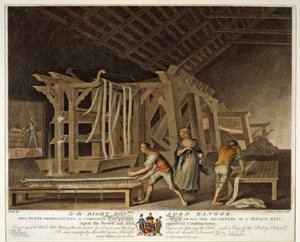 Perspektivische Ansicht aller Maschinen einer Bleichmühle, Platte IX der Leinenmanufaktur von Irland, 1791
