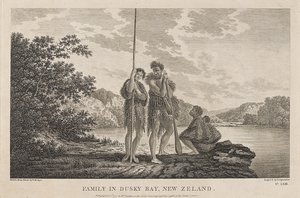 Ansicht der Bay of Islands (Dusky Bay) (Neuseeland) mit einer Maori-Familie. Gravur (33,9x47,1 cm) nach einer Zeichnung von William Hodges (1744-1797), um 1785 von William Hodges