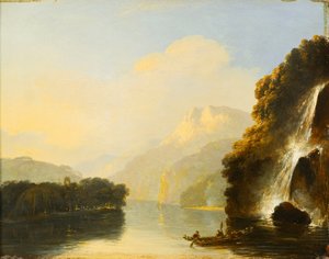 Wasserfall in der Dusky Bay mit einem Maori-Kanu von William Hodges