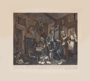 Der Lebenslauf eines Wüstlings, Platte 1: Der junge Erbe übernimmt die Habseligkeiten des Geizhalses, ca. 1735