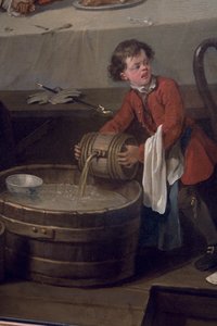 Ein abgelenkter Küchenjunge gießt ein Fass Brandy auf ein halbes Fass schmutziger Abfälle, Detail (Detail)