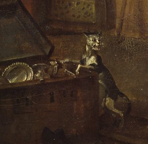 Katze mit einer Truhe, Detail aus A Rakes Progress I: Der Wüstling übernimmt seinen Besitz, 1733 (Detail) von William Hogarth