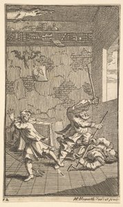Hudibras schlägt Sidrophel und Whachum, siebzehn kleine Illustrationen für Samuel Butler, 1721-26 von William Hogarth