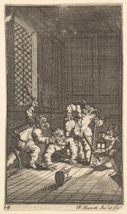 Hudibras wird verhört, siebzehn kleine Illustrationen für Samuel Butlers Hudibras, Nr. 14, 1721-26 von William Hogarth