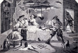 Hudibras greift den Astrologen Sidrophel und seinen Diener Whacum an. Gravur von William Hogarth für das Gedicht „Hudibras“ von Samuel Butler (17. Jahrhundert). Um 1725 von William Hogarth