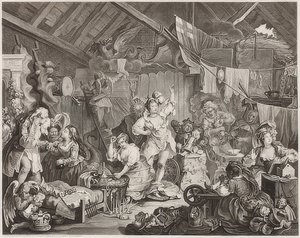 Wanderschauspielerinnen beim Umkleiden in einer Scheune von William Hogarth