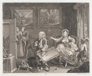 Die Dirne findet einen Beschützer, entworfen 1732, gedruckt 1744 von William Hogarth