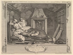 Der faule Lehrling kehrt vom Meer zurück und in einer Dachkammer mit einer gewöhnlichen Prostituierten, 30. September 1747 von William Hogarth