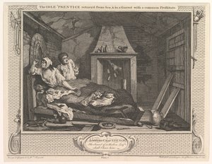 Der faule Lehrling kehrt vom Meer zurück und ist in einer Dachkammer mit einer gewöhnlichen Prostituierten..., 30. Dezember 1747 von William Hogarth