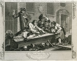 Der faule Lehrling beim Spielen auf dem Kirchhof während des Gottesdienstes, Platte III von 