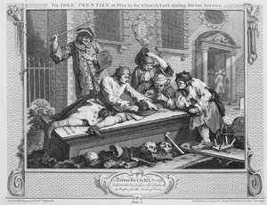 Der faule Lehrling beim Spielen auf dem Kirchhof während des Gottesdienstes, Platte III aus 