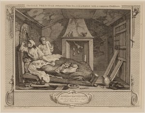 Der faule Lehrling kehrt von der See zurück und ist in einer Dachkammer mit einer gewöhnlichen Prostituierten, aus der Serie "Fleiß und Faulheit", Oktober 1747 von William Hogarth