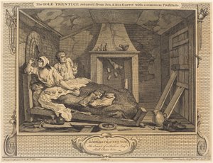 Der faule Lehrling kehrt vom Meer zurück und ist in einer Dachkammer mit einer gewöhnlichen Prostituierten von William Hogarth