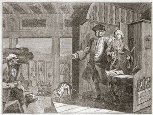 Der fleißige Lehrling, ein Favorit und von seinem Meister vertraut, aus der Serie „Fleiß und Faulheit“ - Platte aus einer Serie von 12 Gravuren von William Hogarth (1697-1764), britischer Illustrator, mit dem Titel „Fleiß und Faulheit“
