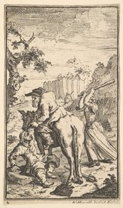 Trulla greift Hudibras an, siebzehn kleine Illustrationen für Samuel Butlers Hudibras..., 1721-26
