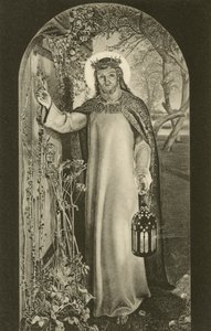 Das Licht der Welt, Gemälde im Keble College, Oxford, Oxfordshire, zeigt Christus mit einer Laterne und an eine Tür klopfend (s/w Foto) von William Holman (after) Hunt