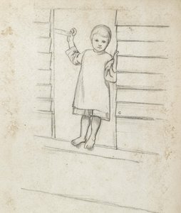 Mädchen in einer Schürze, stehend auf einem Fensterbrett, ca. 1868 - 1869