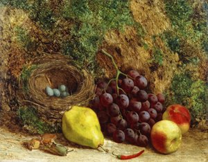 Trauben, eine Birne, Pfirsiche und ein Vogelnest an einem moosigen Ufer, 1864 von William Hughes