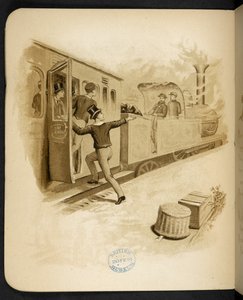 Einsteigen in einen Dampfzug. Der Feiertagszug: ein Lied von Dulce Domum ... Illustriert von W. J. Webb. Frederick Langbridge, London, 1891
