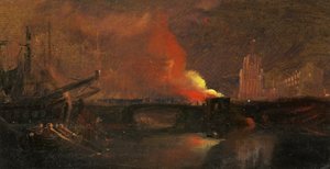 Bristol-Unruhen: Das Brennen der Maut-Häuser auf der Prince Street Bridge mit St Mary Redcliffe, ca. 1831 von William James Muller